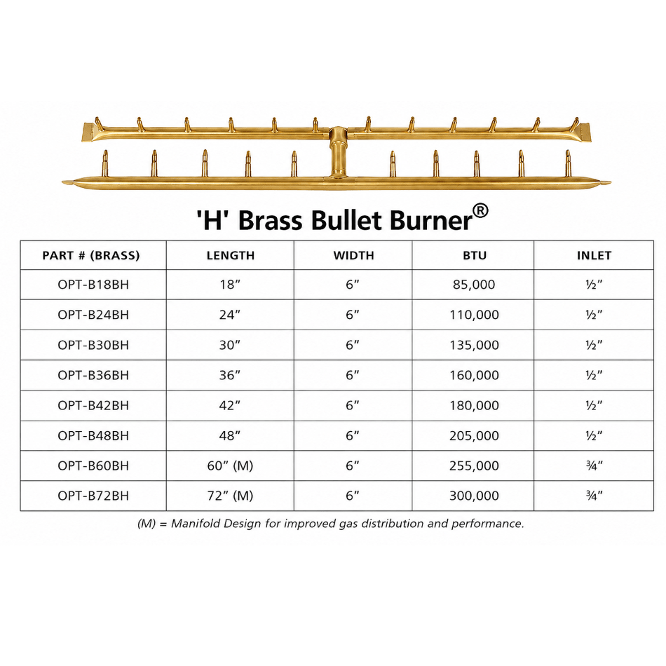 Brass Bullet Burner H Burner | Premium Gas Fire Burner - Outdoor Fire & Patio