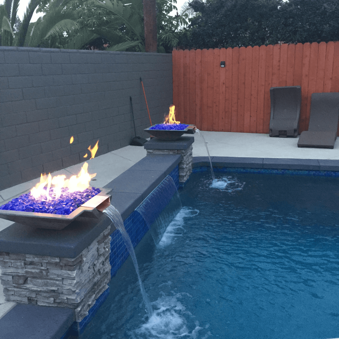 Classic Concrete Pool Fire Bowl Square with Scupper - Outdoor Fire and Patio