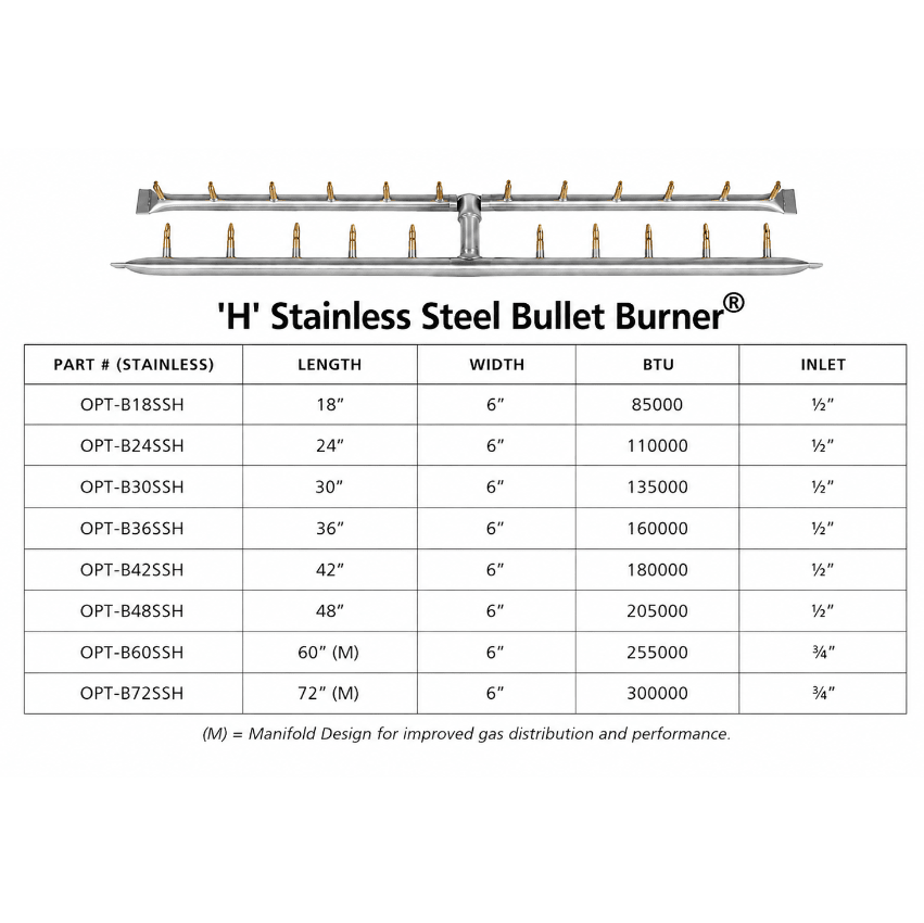 H Stainless Steel Bullet Burner | Premium Gas Fire Pit Burner - Outdoor Fire & Patio