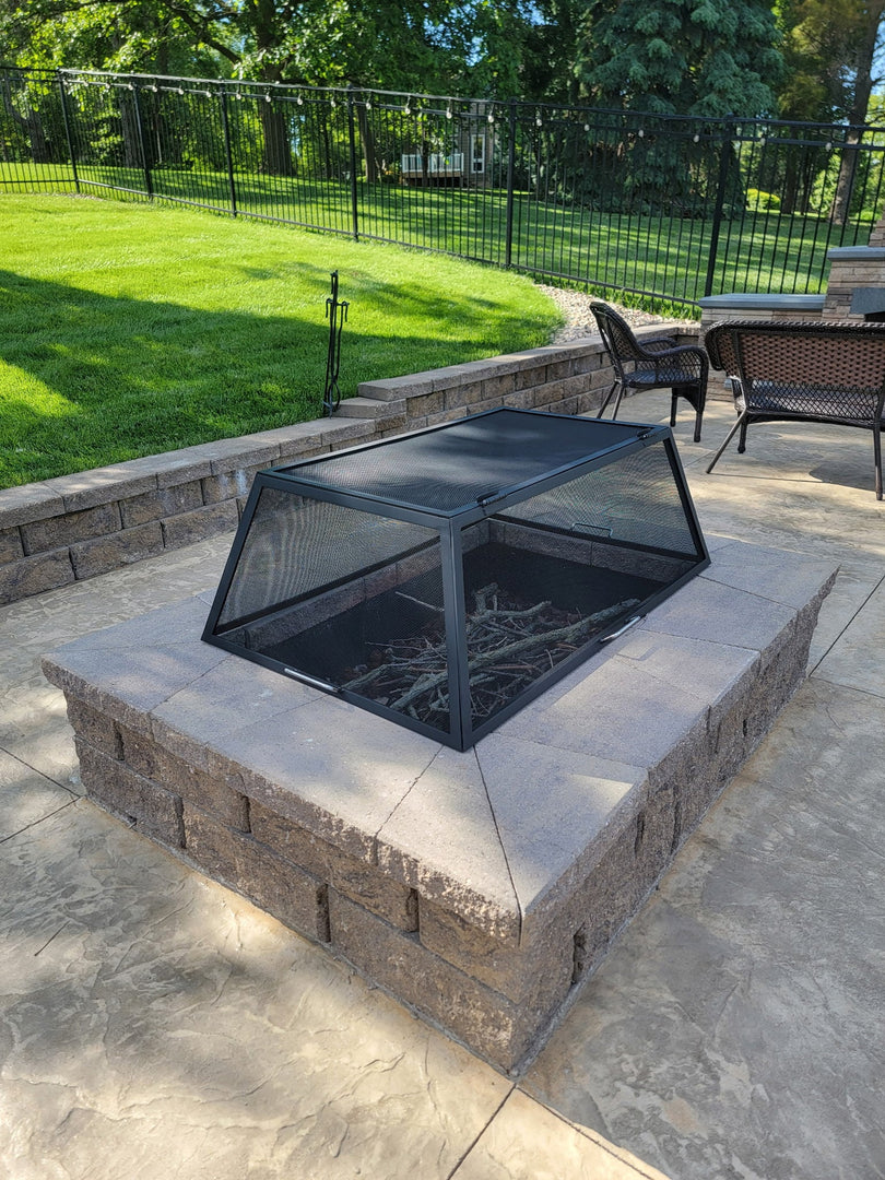Rectangular Fire Pit Screen with Hinged Door - Carbon Steel - Outdoor Fire and Patio