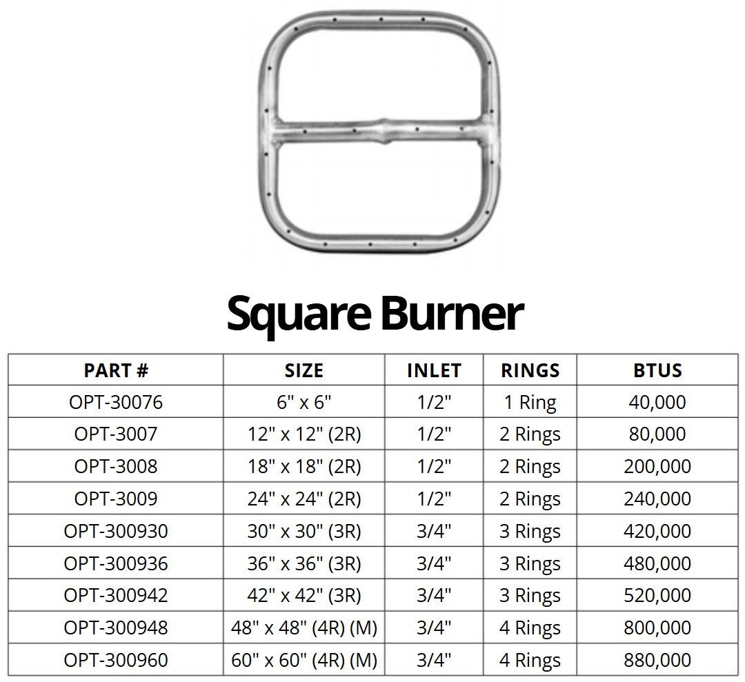 Square Gas Fire Pit Ring Burner - Outdoor Fire and Patio