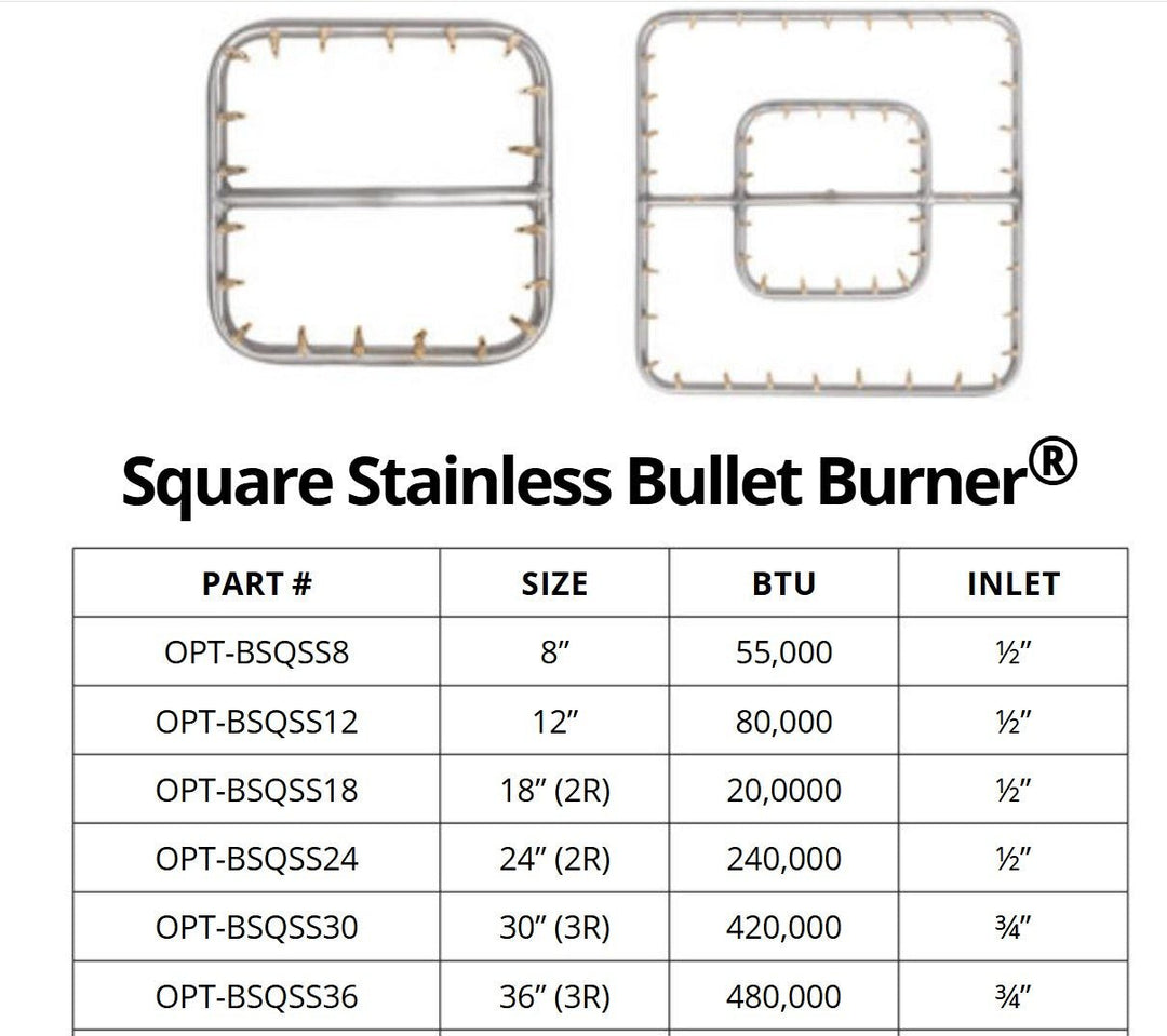 Square Stainless Steel Bullet Burner - Outdoor Fire & Patio