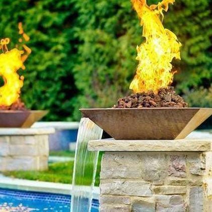Classic Concrete Pool Fire Bowl Square with Scupper - Outdoor Fire and Patio