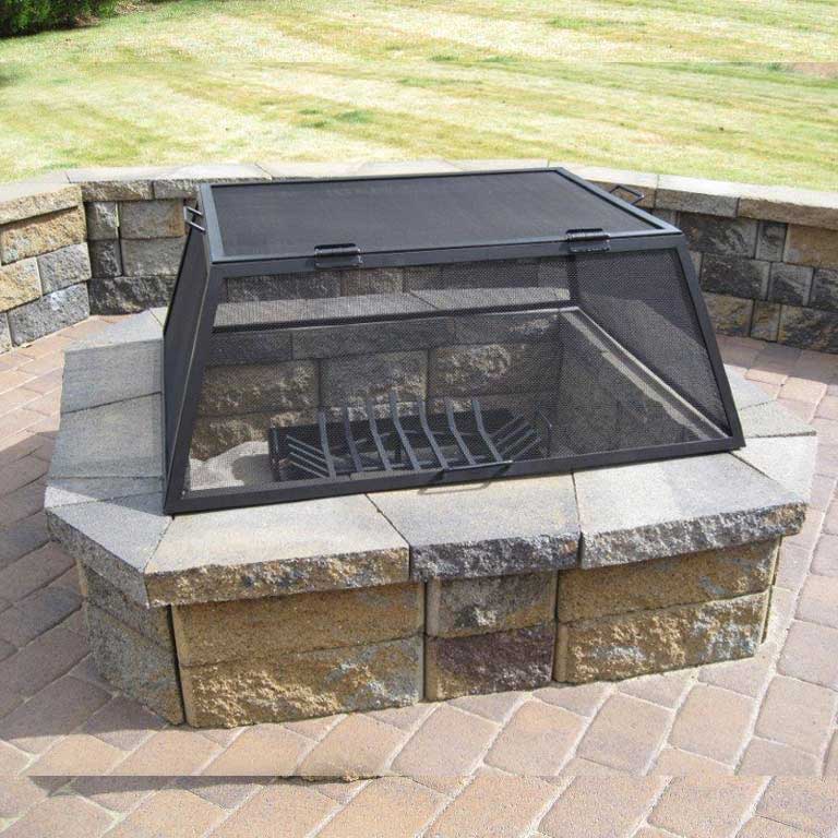 Square Fire Pit Screen with Hinged Door - Stainless Steel